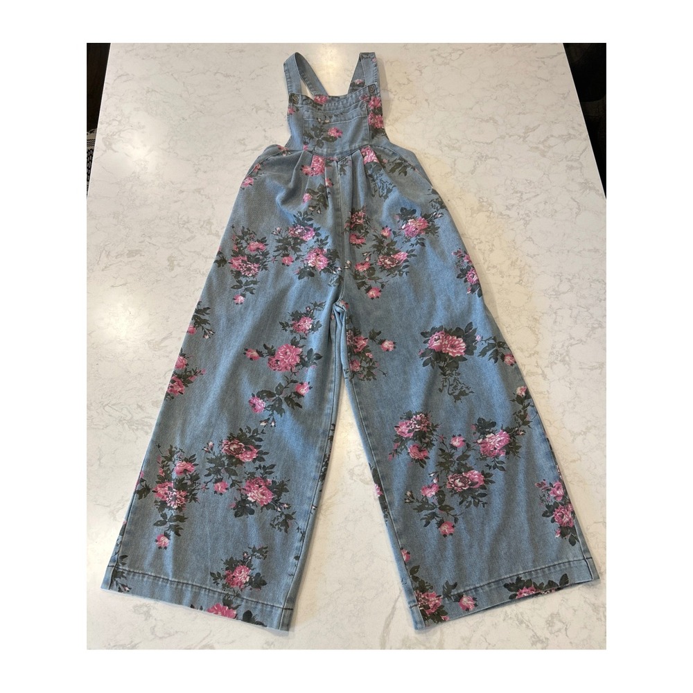 Floral Denim Overalls Wide Leg Pink Rose Print Blue Jean Jumpsuit Womens Medium - Picture 3 of 13